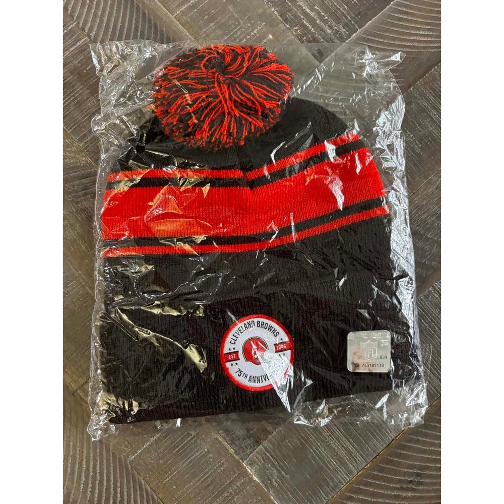 NFL Cleveland Browns 75th Anniversary Beanie Knit Hat Pom Cuffed Brown Orange